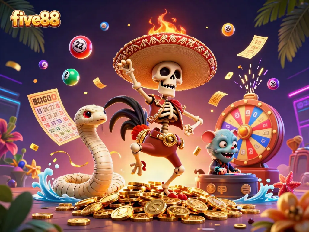 Immerse in the exciting world of five88 with festive characters celebrating jackpot wins amidst colorful casino elements.