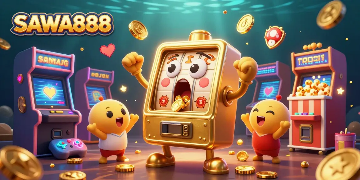 SAWA888 showcases a golden slot machine celebrating a jackpot as coins spill out in a dynamic, engaging casino scene.