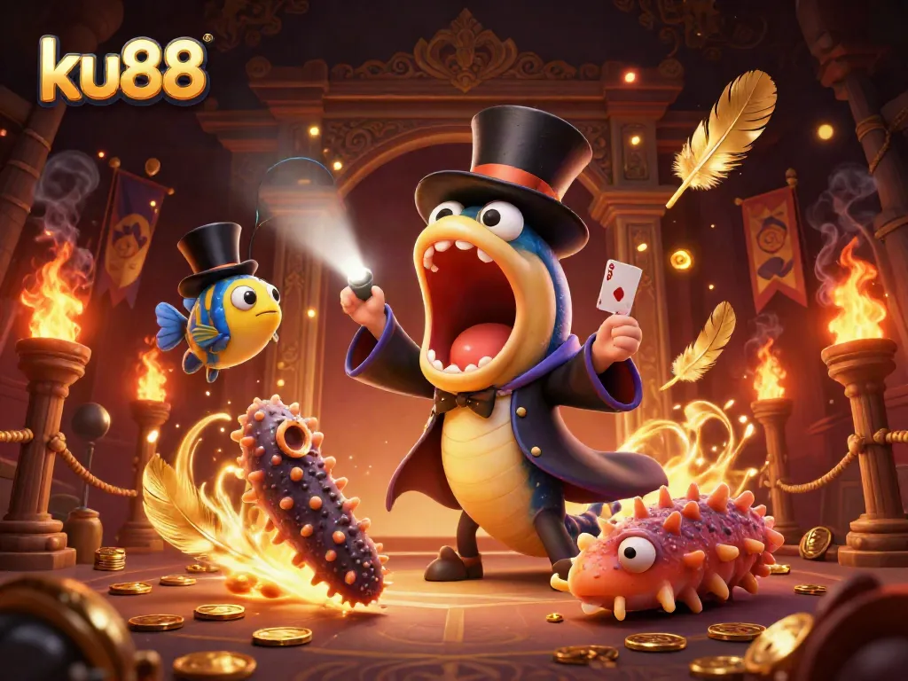 Experience high-stakes excitement with ku88 as animated characters showcase magical card tricks amidst dramatic gaming elements.