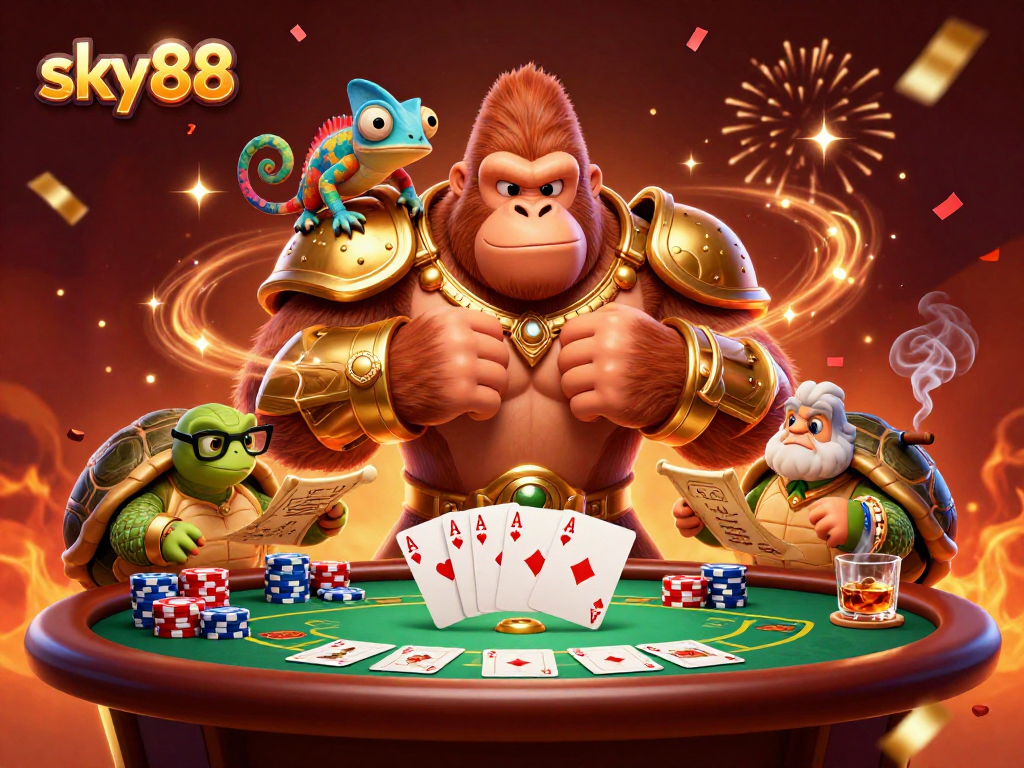 Engage with sky88's thrilling poker showdown featuring a gorilla king and vibrant casino elements.