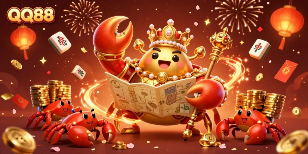 Experience QQ88 with a golden crab emperor amidst treasures and festive elements cascading around.