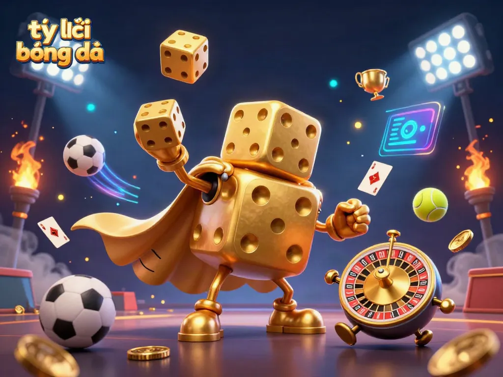 Engaging gamblers with tỷ lệ bóng đá featuring a dynamic scene of golden dice and sports elements in action.