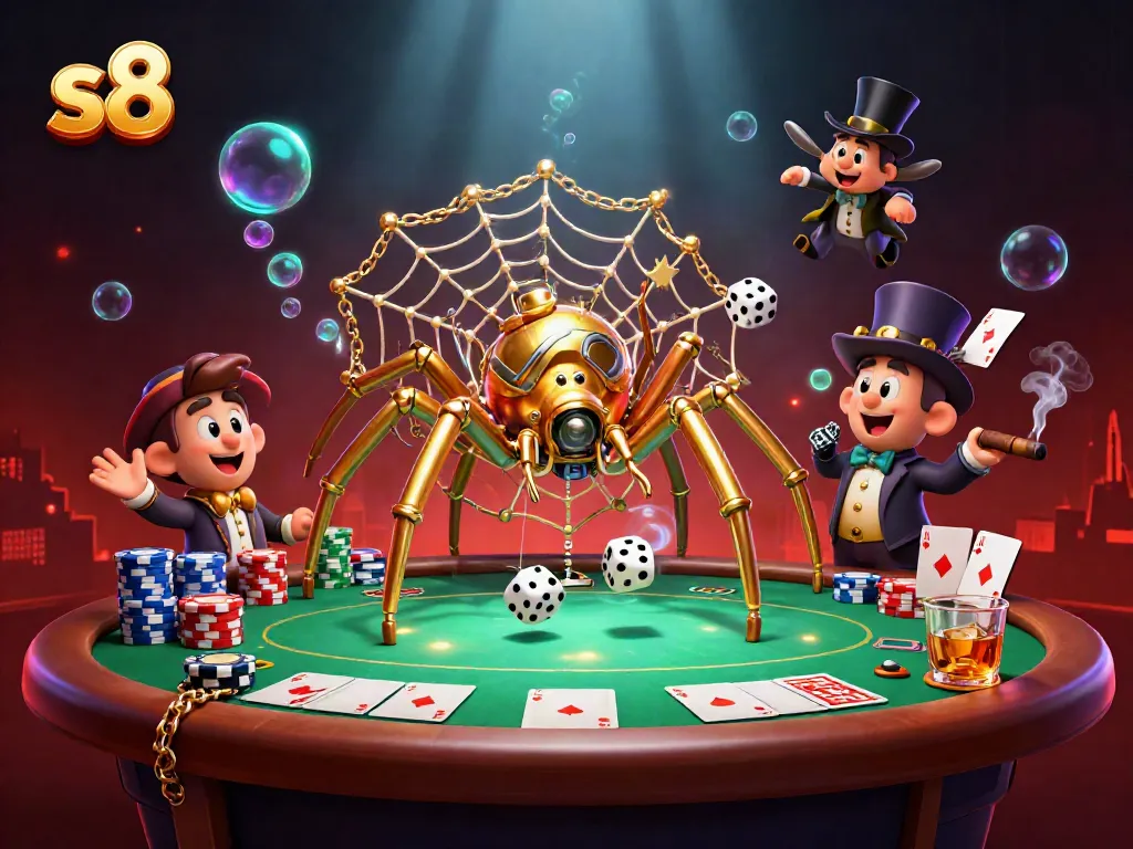 Play at S8 casino featuring a golden spider weaving a web of poker chips and dice.