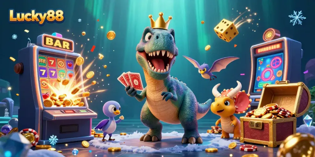 Engage in thrilling gameplay with Lucky88 as characters celebrate jackpots and casino excitement in a vibrant scene.