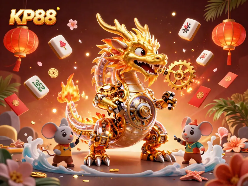 Experience the thrilling adventures at KP88 with an engaging dragon and vibrant casino elements.