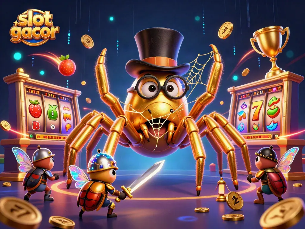 Experience slot gacor thrills with golden spider and knight in a vibrant casino scene.