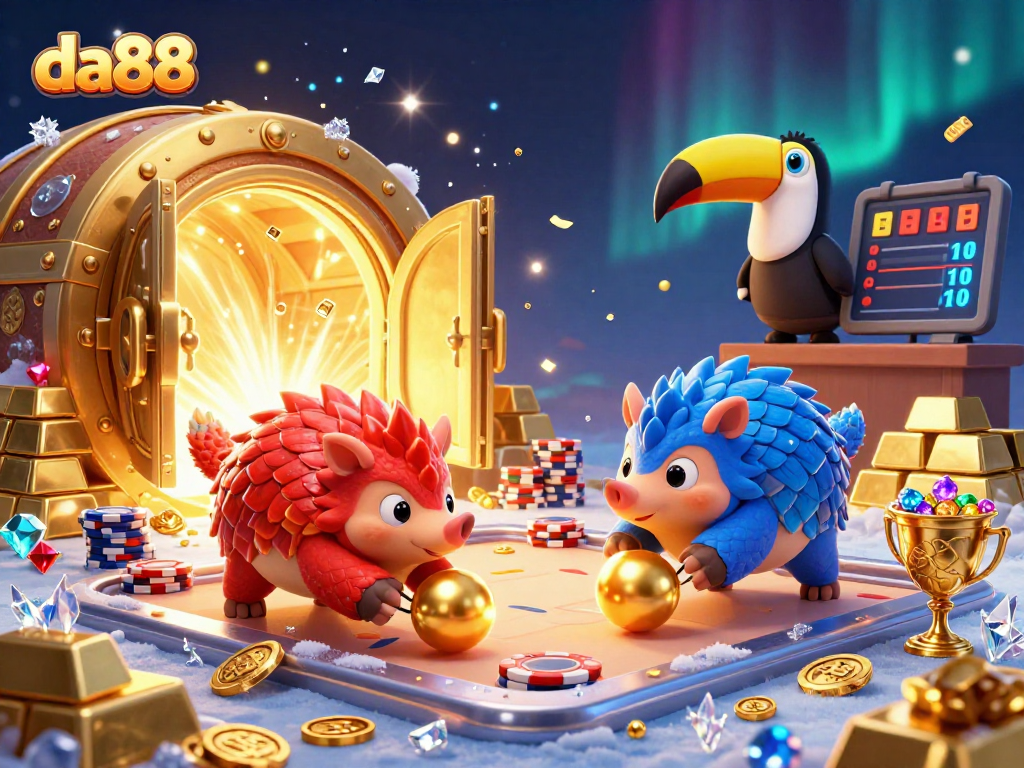 Play exciting casino games at da88 featuring vibrant pangolins in action with gold coins and gems!