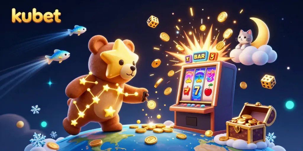 Kubet's colorful jackpot scene featuring a constellation bear scooping coins, vibrant slot machine effects, and casino ambiance.