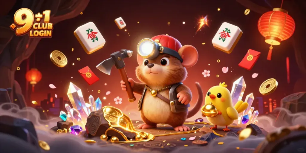Join the excitement with 91 CLUB LOGIN, featuring a treasure hunter and lively casino elements.