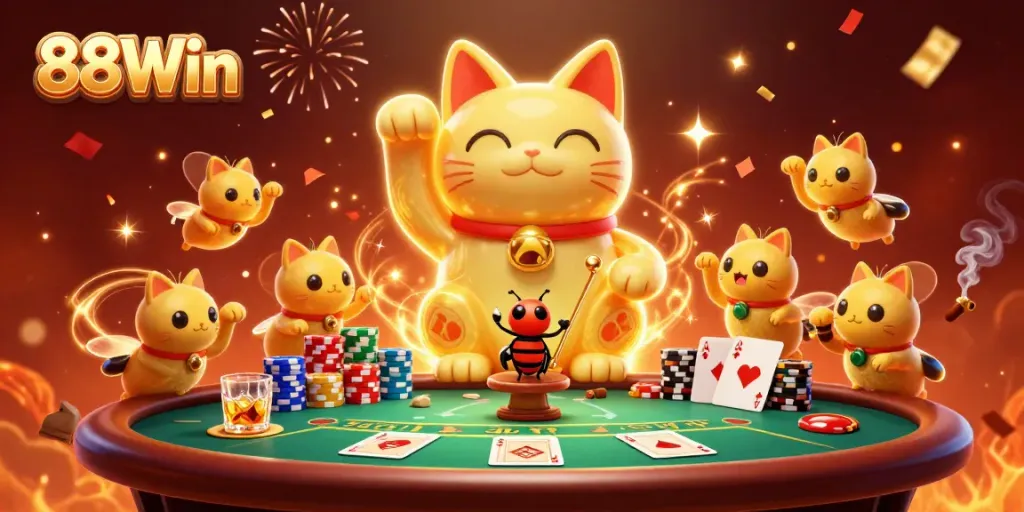 Experience the thrilling atmosphere of 88Win's casino with vibrant characters and elements.