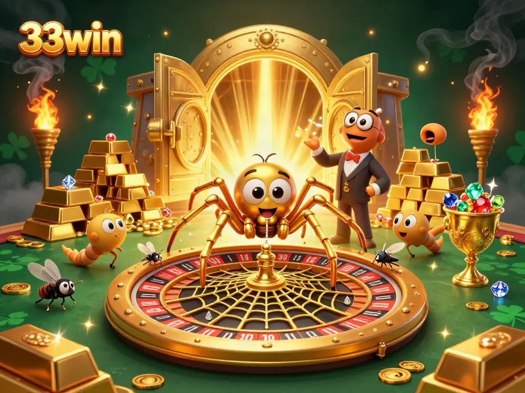 33win features a golden spider and centipede croupier bringing excitement to casino gaming.