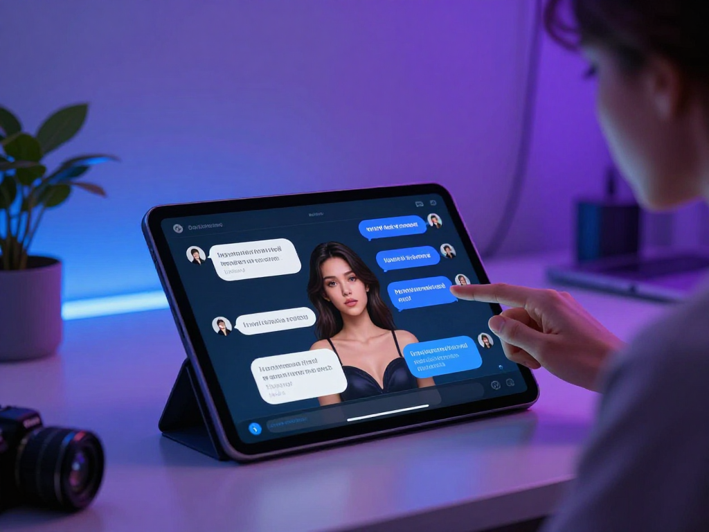User exploring nsfw ai chat on a sleek tablet with engaging AI conversations in a modern workspace.