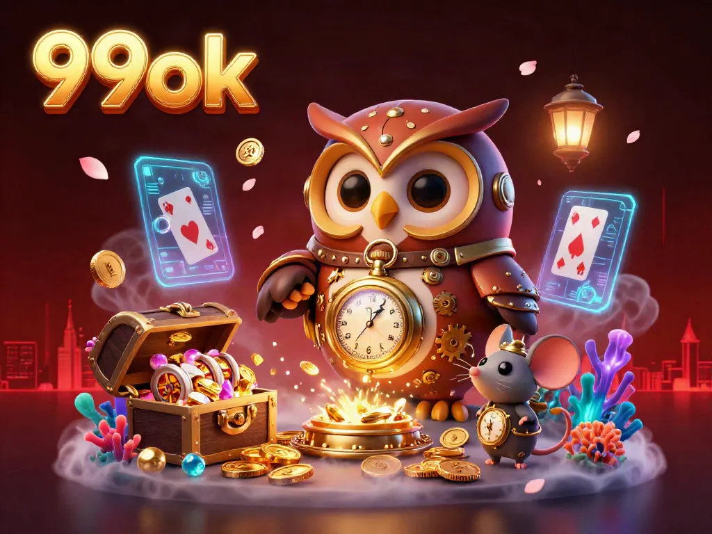 Engage with thrilling 99ok casino adventures featuring steampunk owl and vibrant gaming elements.