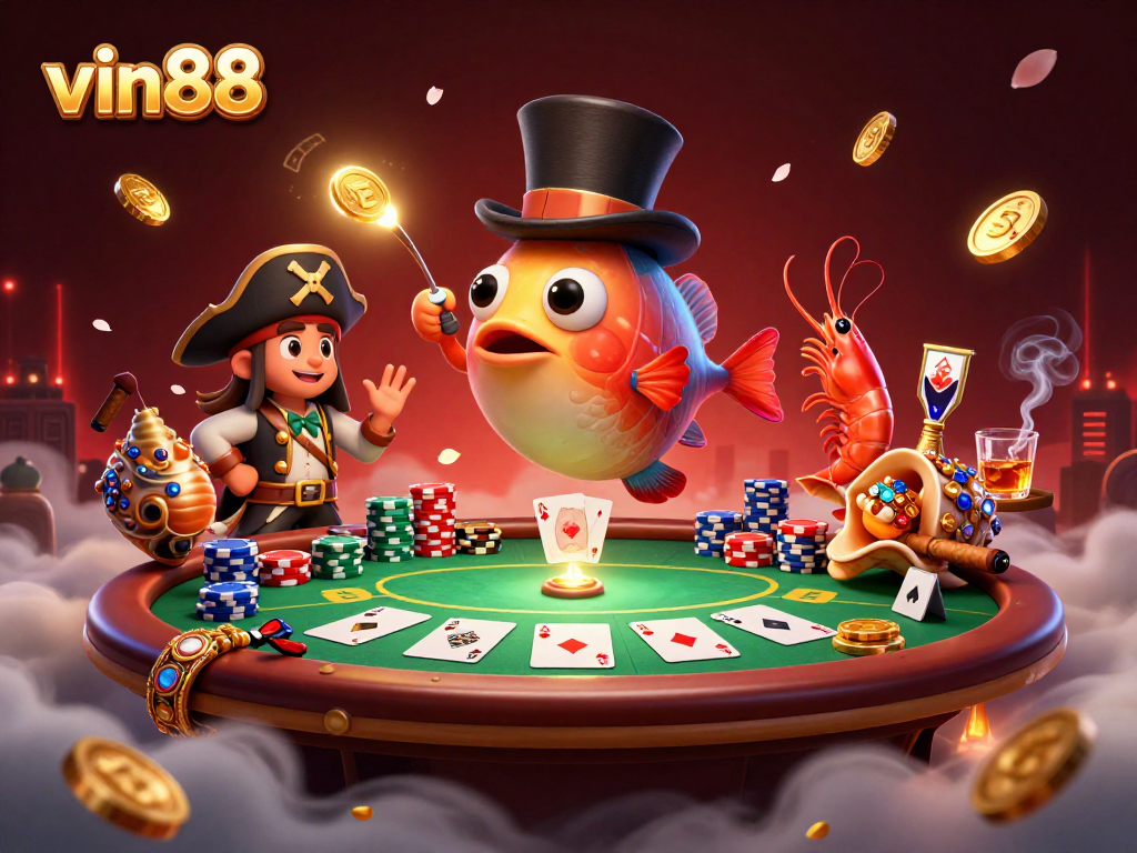 Draw winning strategies at vin88 with animated characters and poker elements in a vibrant casino scene.