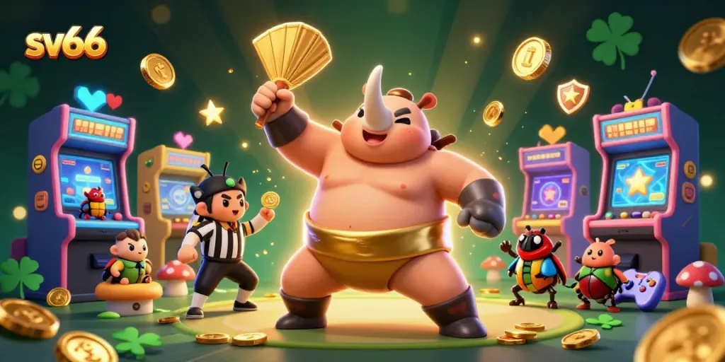 Experience sv66's thrilling gaming world with a powerful sumo beetle champion surrounded by dynamic casino elements.