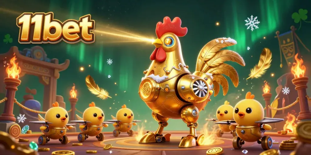 Engage with thrilling gaming at 11bet, featuring a retro-futuristic rooster and baby drones.
