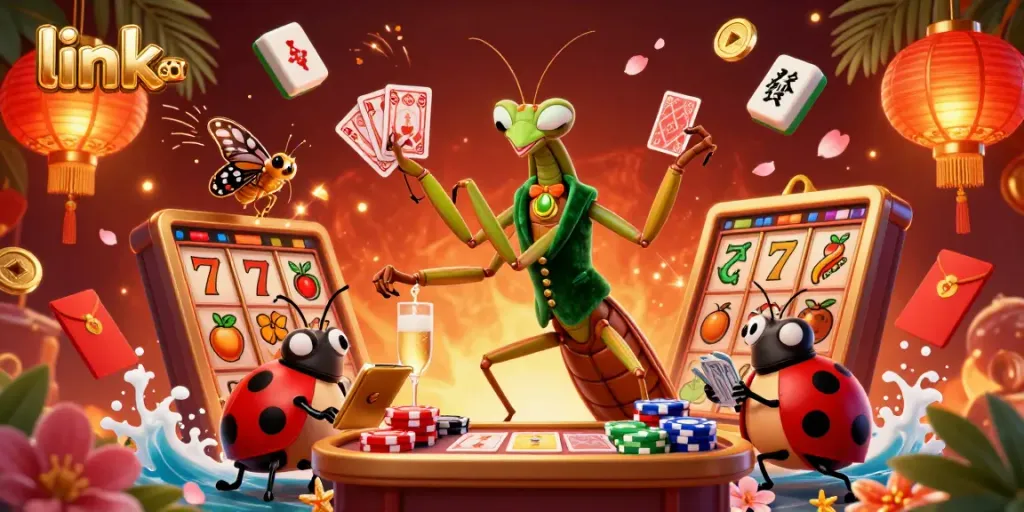 Experience the thrill of link slot games with vibrant illustrations of characters in a dynamic casino atmosphere.