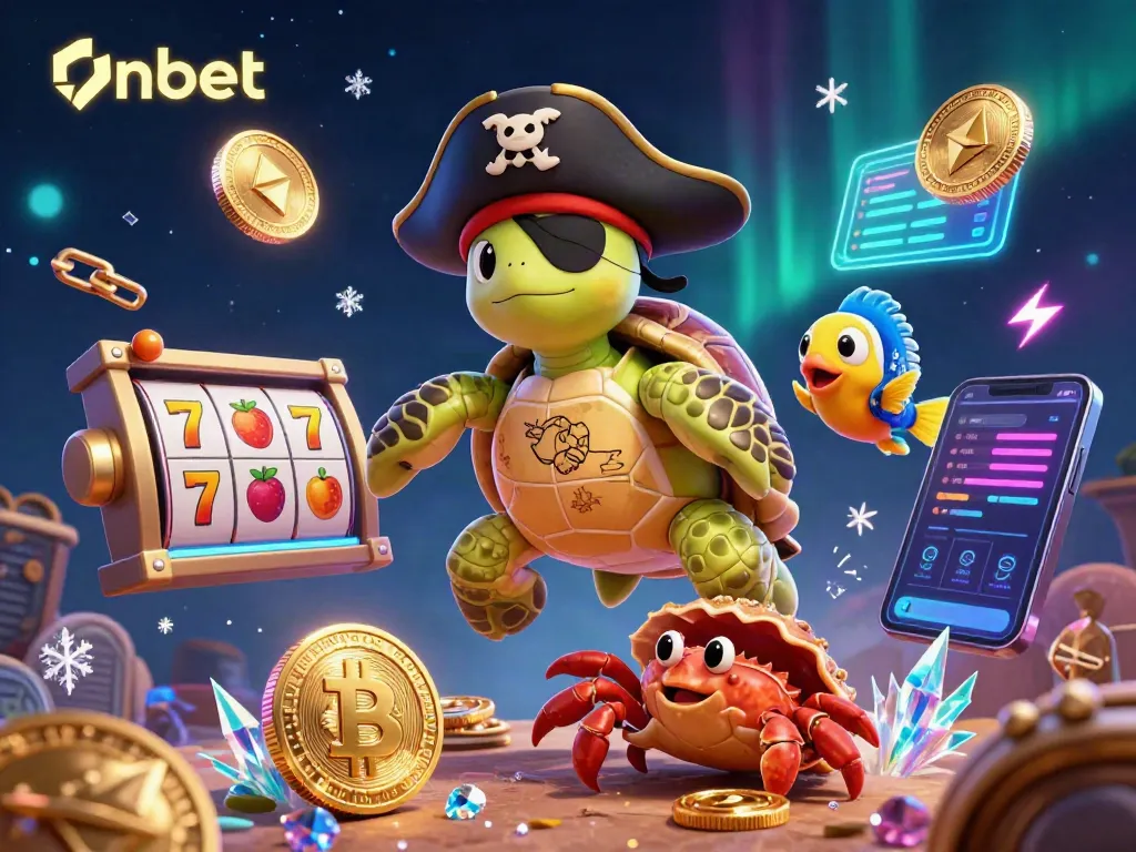 Join the action at Onbet's immersive crypto casino with 3D gaming characters exploring slot reels.