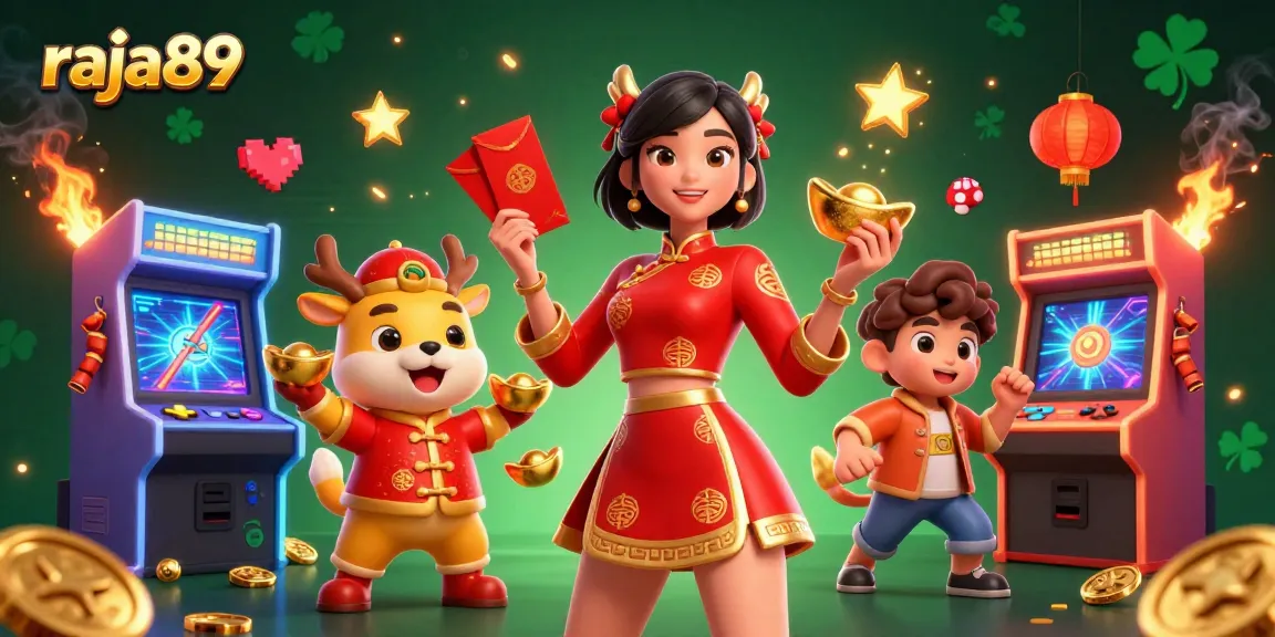 Experience exciting gameplay with raja89 offerings, featuring vibrant characters and arcade elements in a festive setting.