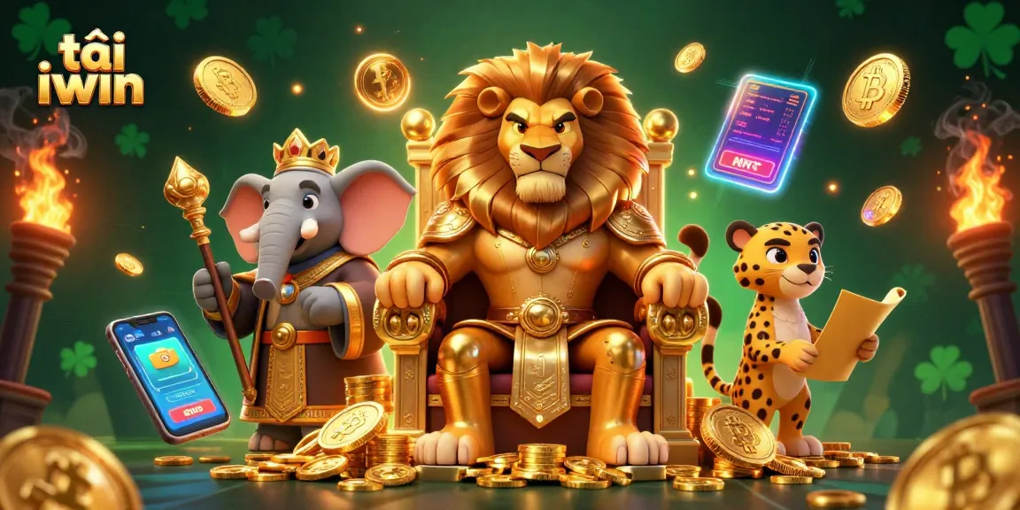 Experience the thrill of tải iwin with this dynamic 3D illustration featuring a fierce lion king and gaming elements.
