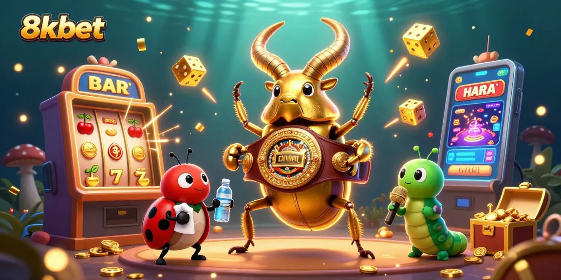 Experience the excitement of 8xbet with a fantasy casino scene featuring a golden stag beetle championship match.