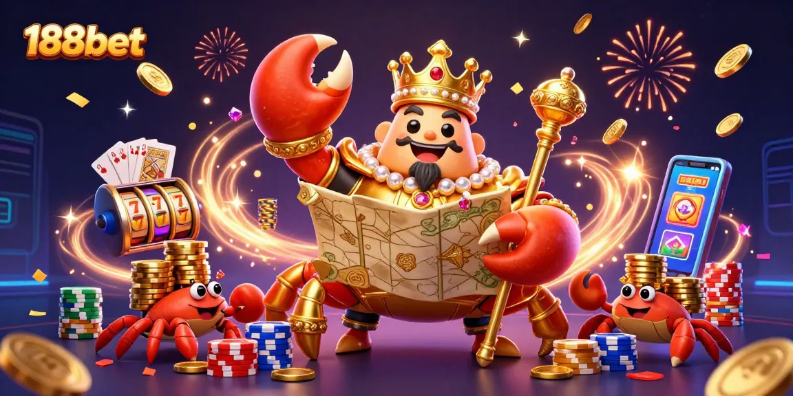 Experience the excitement of 188bet casino gaming with a vibrant 3D illustration of a crab emperor and treasures.