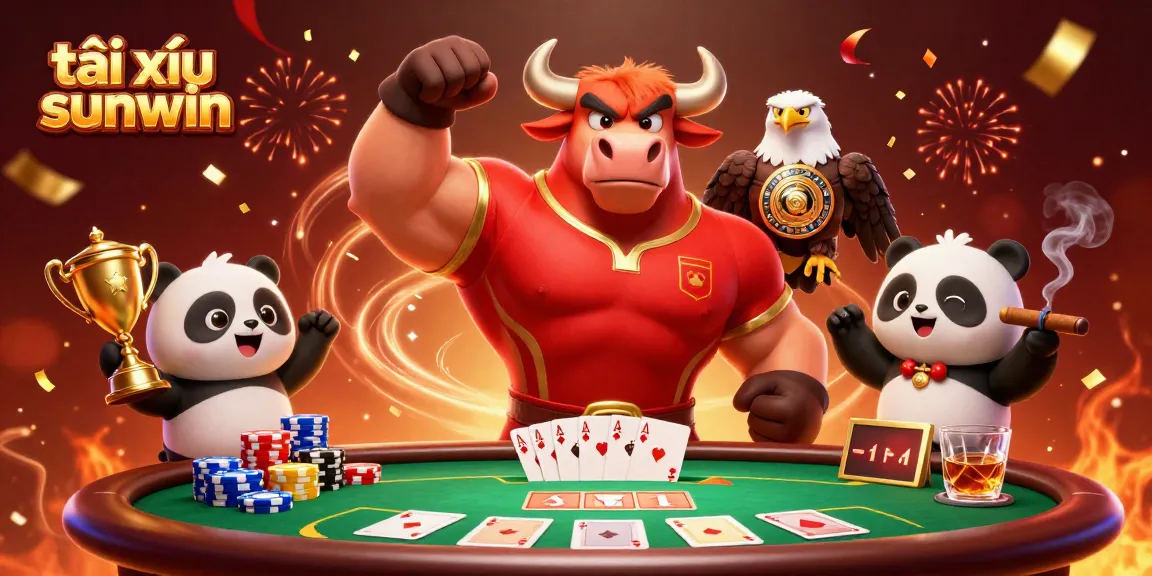 Engage with tài xỉu sunwin and experience thrilling casino action featuring a triumphant bull mascot, eagle, and panda.