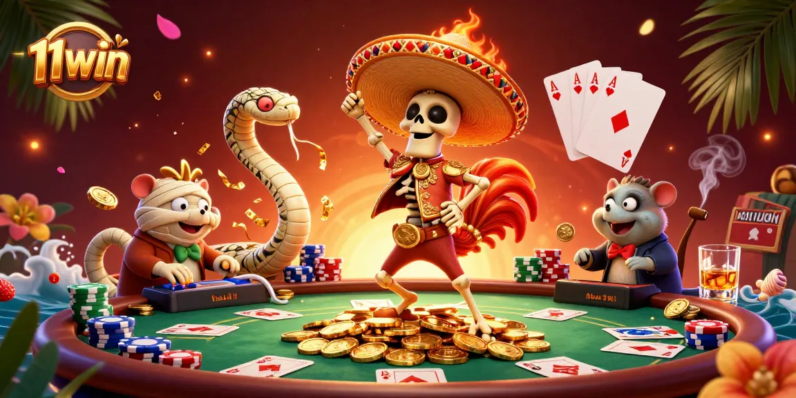 Engage in thrilling gameplay with 11win's vibrant casino scene filled with poker elements and lively characters.