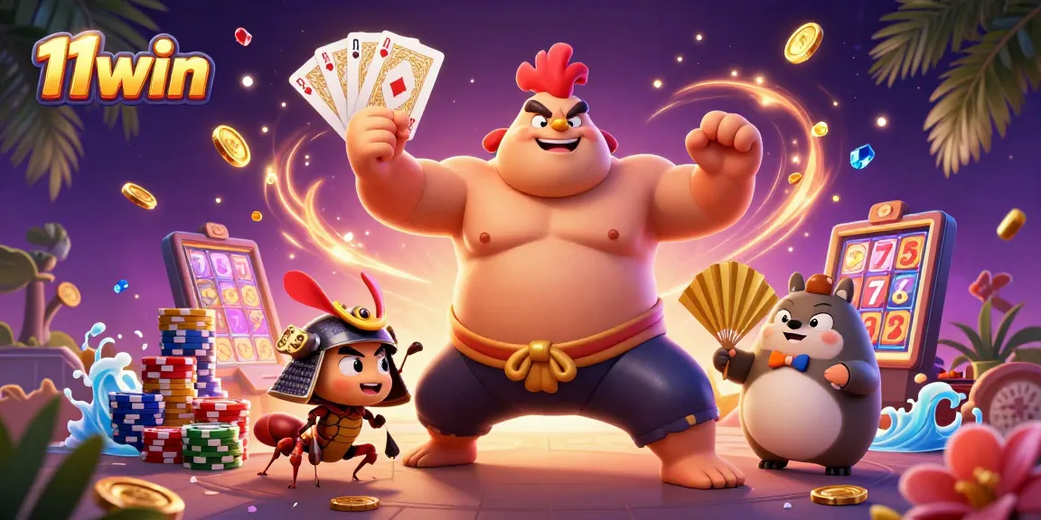 Experience dynamic gaming action with 11win's captivating casino atmosphere featuring vibrant characters and elements.