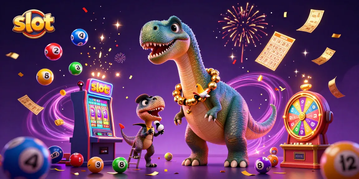 Slot machine scene depicting a cartoon brontosaurus with vivid game elements and festive confetti.