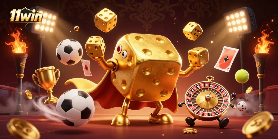 11win's animated golden dice golem delightfully juggles dice in a vibrant casino scene.