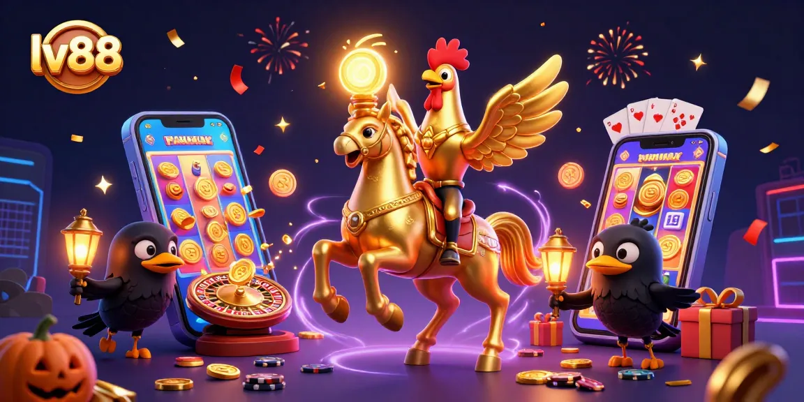Experience the excitement of lv88 casino games with a dynamic scene of a golden rooster and crow companions.