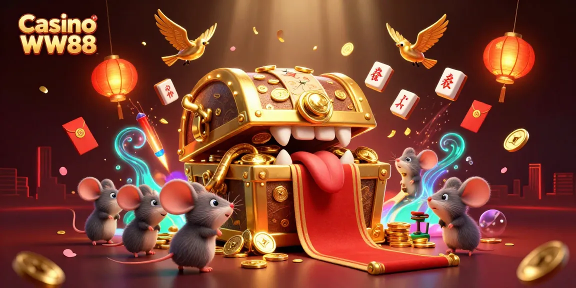 Experience wealth at Casino WW88 with a dynamic treasure chest scene and vibrant casino elements.