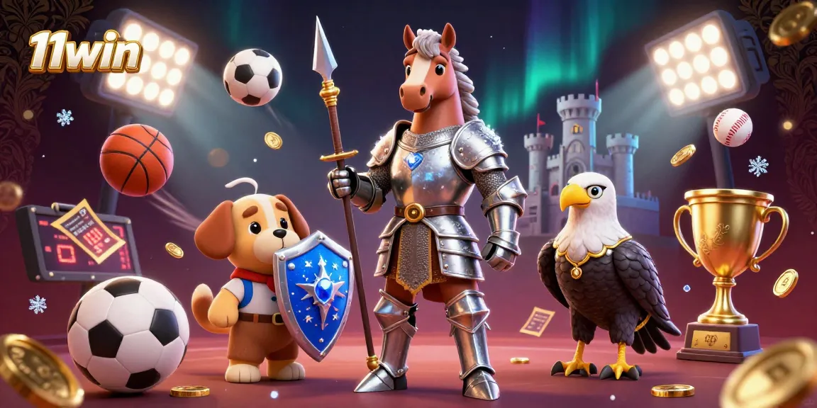 11win sports betting illustration depicting dynamic gaming elements with a knight and puppy.
