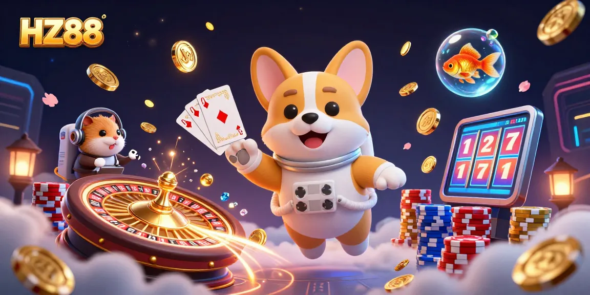 Experience the thrill at HZ88, featuring a charismatic astronaut corgi in a vibrant casino atmosphere.