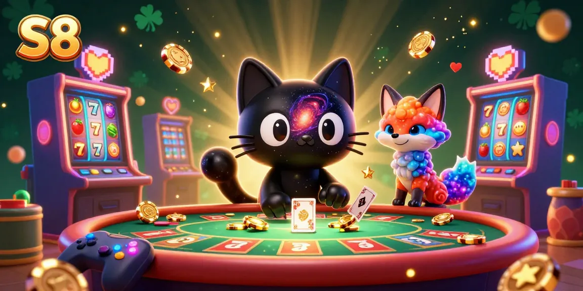 Join the thrilling S8 casino experience with a cosmic black hole cat, colorful slot machines, and vibrant gaming elements.