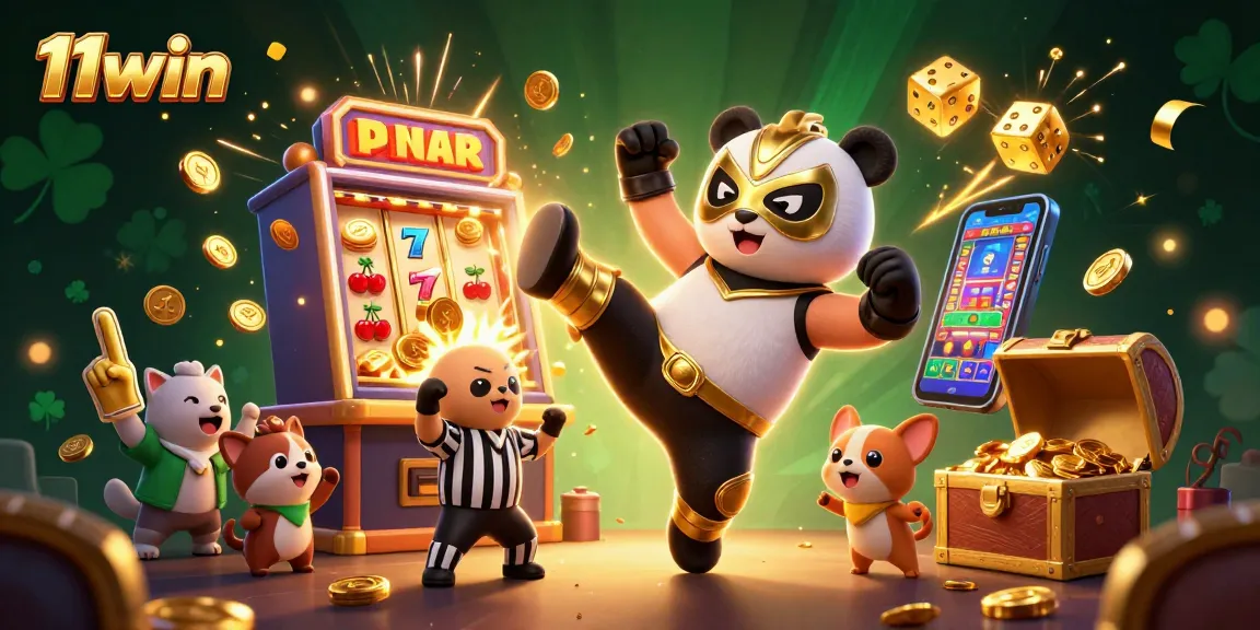 Experience the excitement of 11win with a lively casino-themed scene featuring a kicking panda.