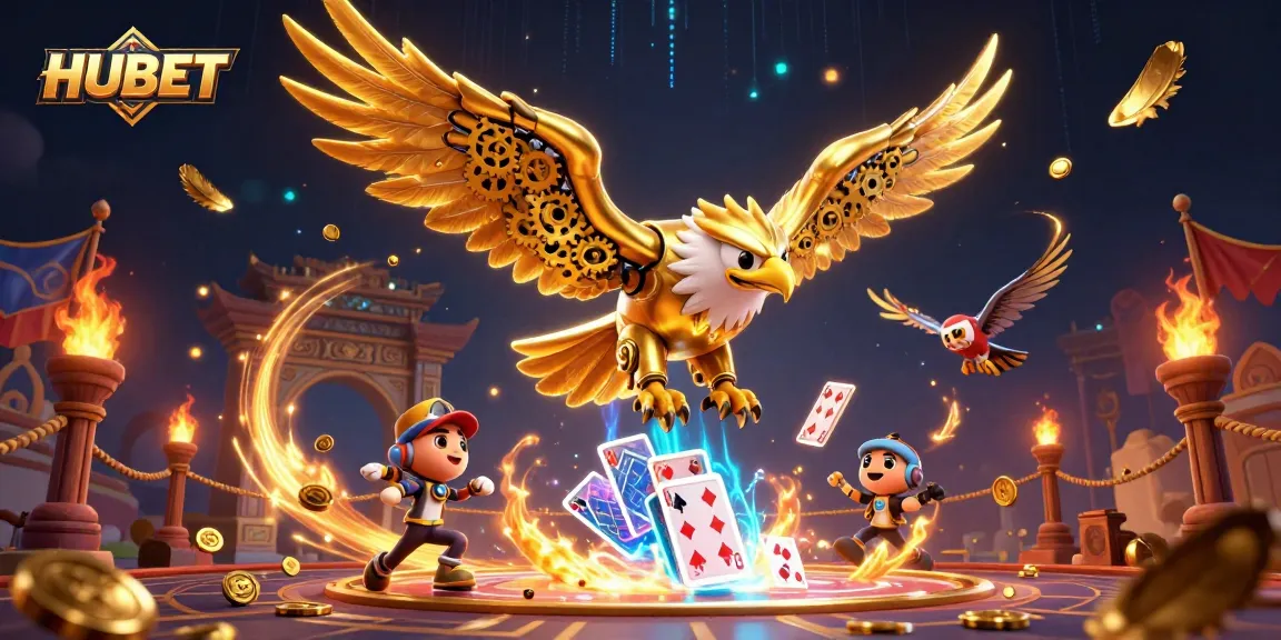 HUBET players enjoy thrilling action with golden eagle amidst holographic cards in a dynamic casino scene.