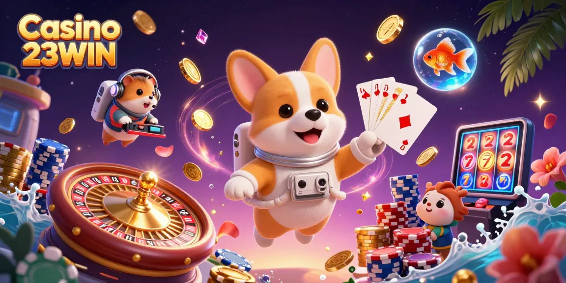 Experience the excitement of Casino 23WIN with floating characters and casino action.