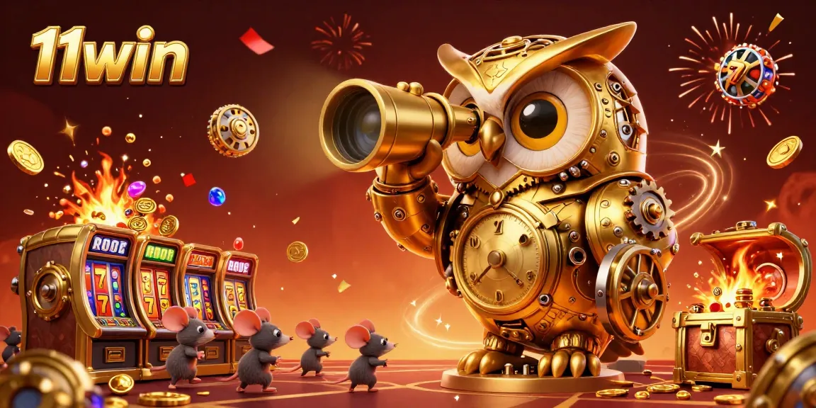 Experience thrilling gameplay at 11win with a dynamic casino scene featuring a golden owl and slot machines.
