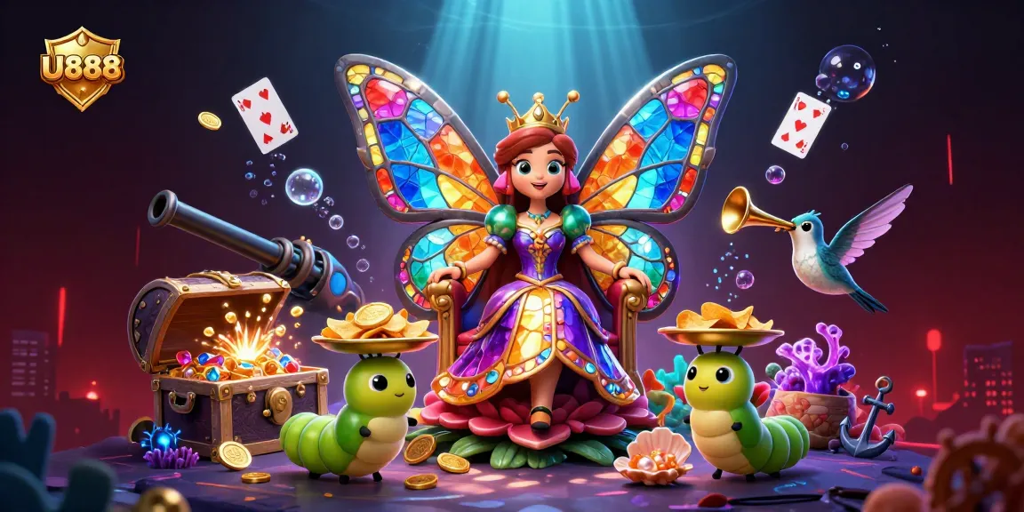Experience thrilling moments at U888 with a vibrant 3D casino fantasy illustration filled with enchanting characters and game elements.