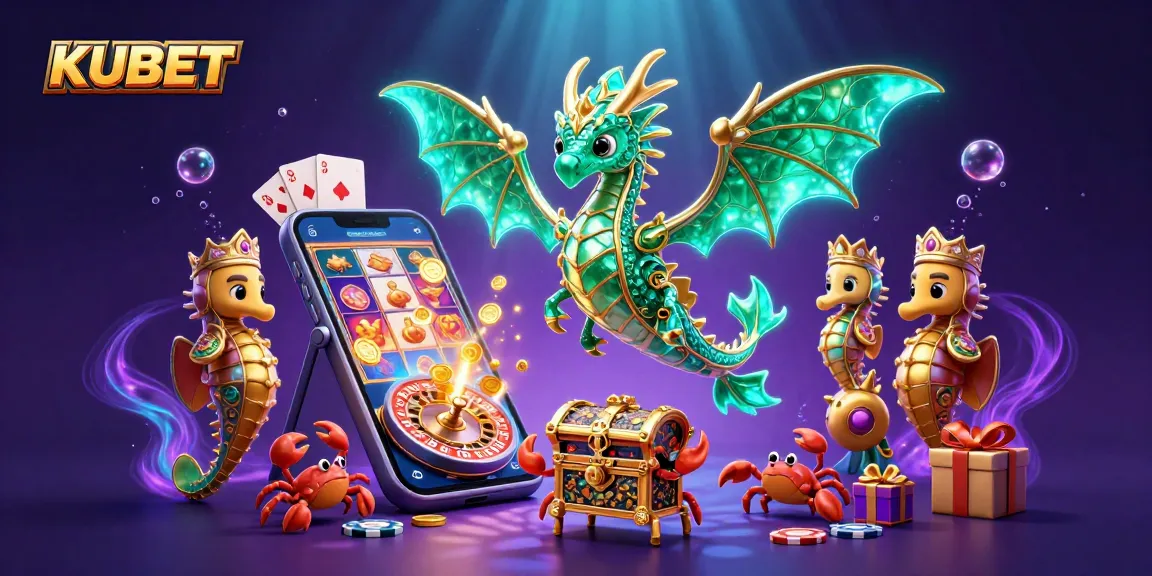 KUBET players enjoy a vibrant gaming scene with a sea dragon, underwater treasures, and exciting casino elements.