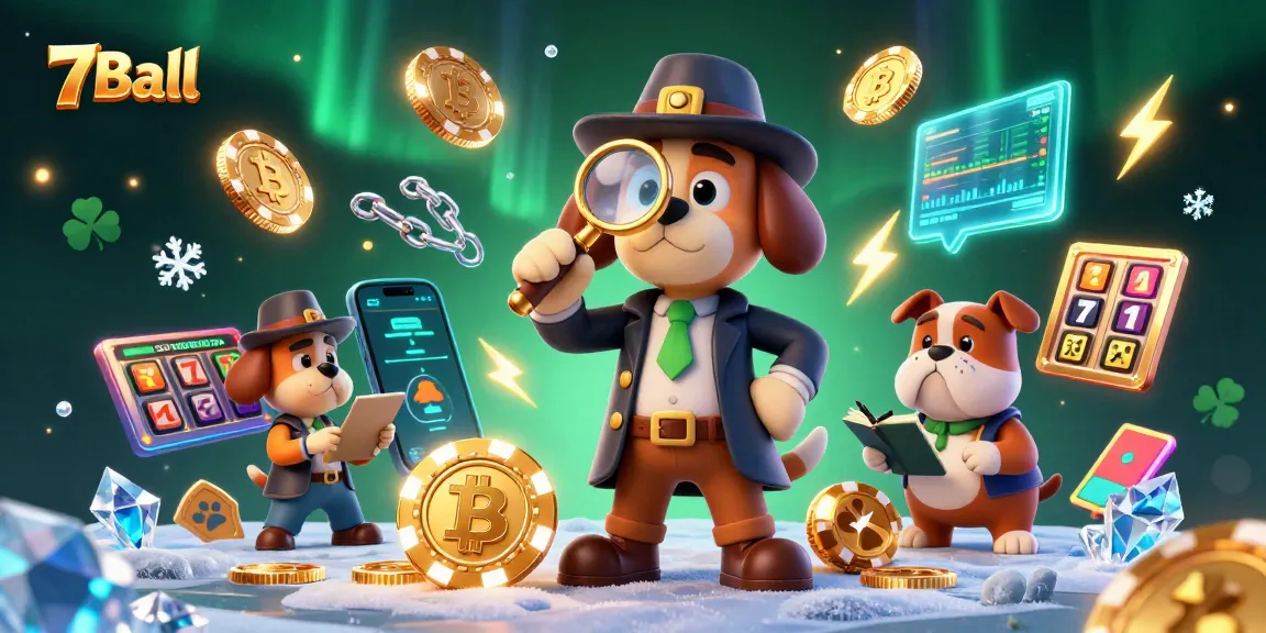 Engage with 7Ball's thrilling gaming scene featuring a detective and loyal bulldog amidst vibrant casino elements.