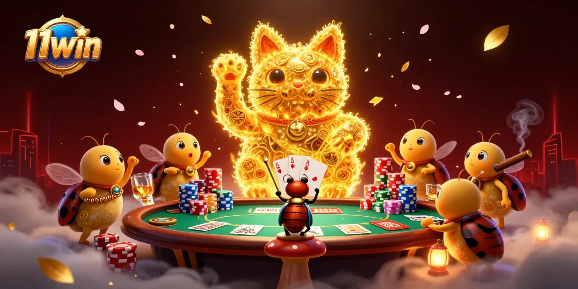 Engage with 11win's casino magic featuring a lively golden lucky cat and poker elements.