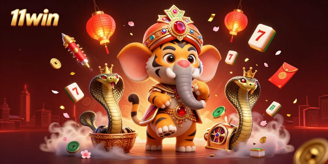 11win features an extravagant casino illustration with a maharaja tiger, elephant, and vibrant game elements.