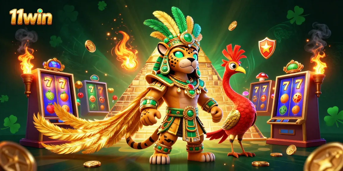 Spin and win with 11win featuring vibrant Mayan casino characters and slot games.