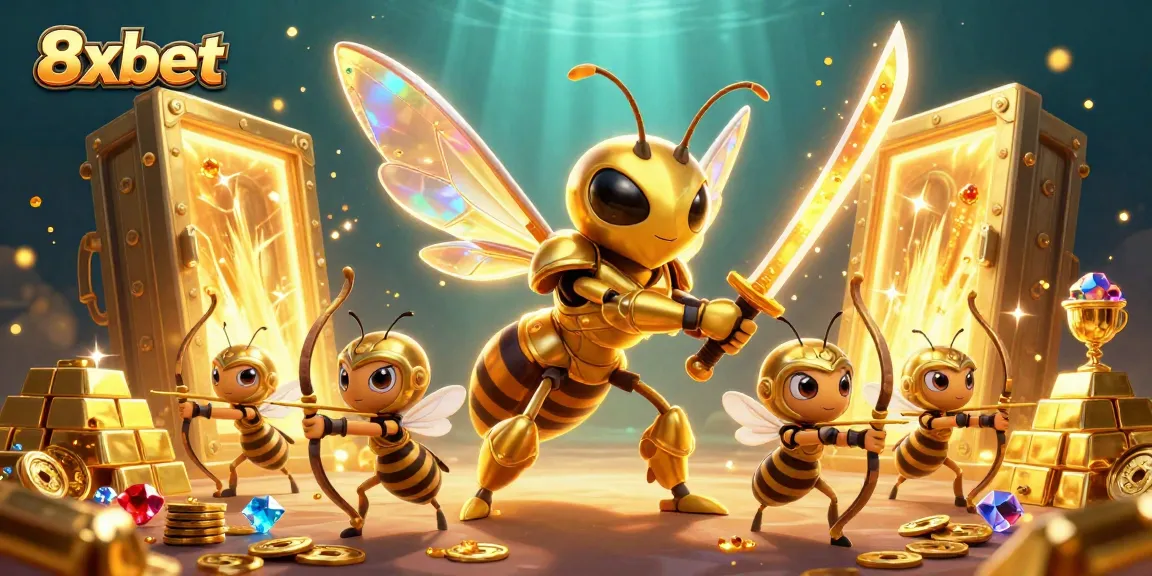 8xbet's vibrant 3D illustration showcases dynamic casino gaming with a golden hornet samurai and treasure.