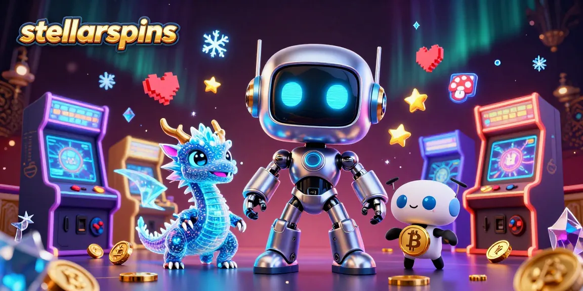 Engage with stellarspins colorful gaming scene featuring a cyberpunk robot and bitcoin drone.