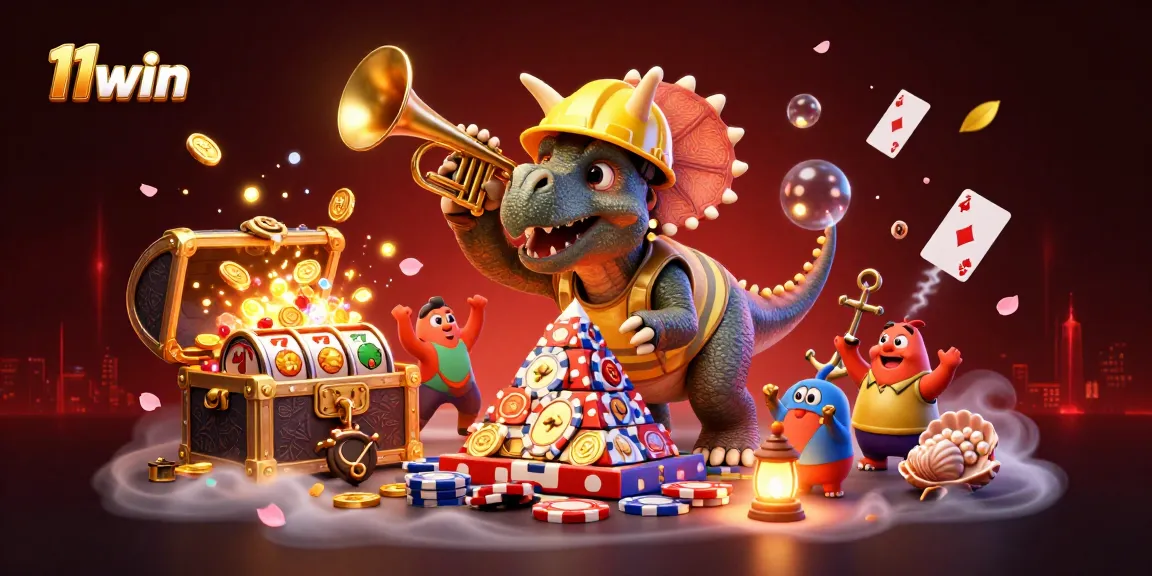 11win celebrates big wins with a triceratops building poker chips and dynamic gaming elements.