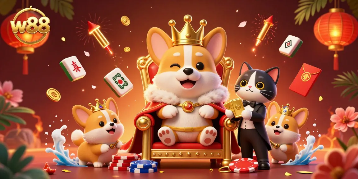Win big on w88 with a captivating scene of royal corgi royalty and endless gambling excitement.
